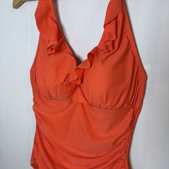 Ellen Tracy One Piece Swimsuit Coral Orange Ruffle Ruched Waist Womens 10 Beach - Picture 2 of 7